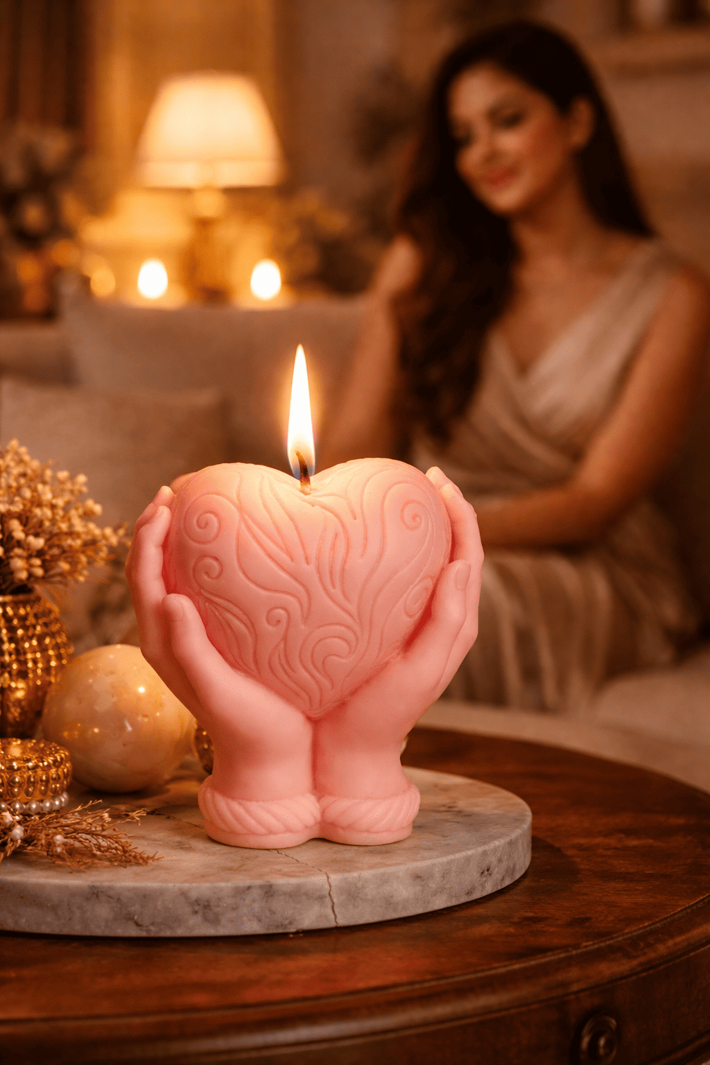 Designer sculpted candles styled in a premium interior